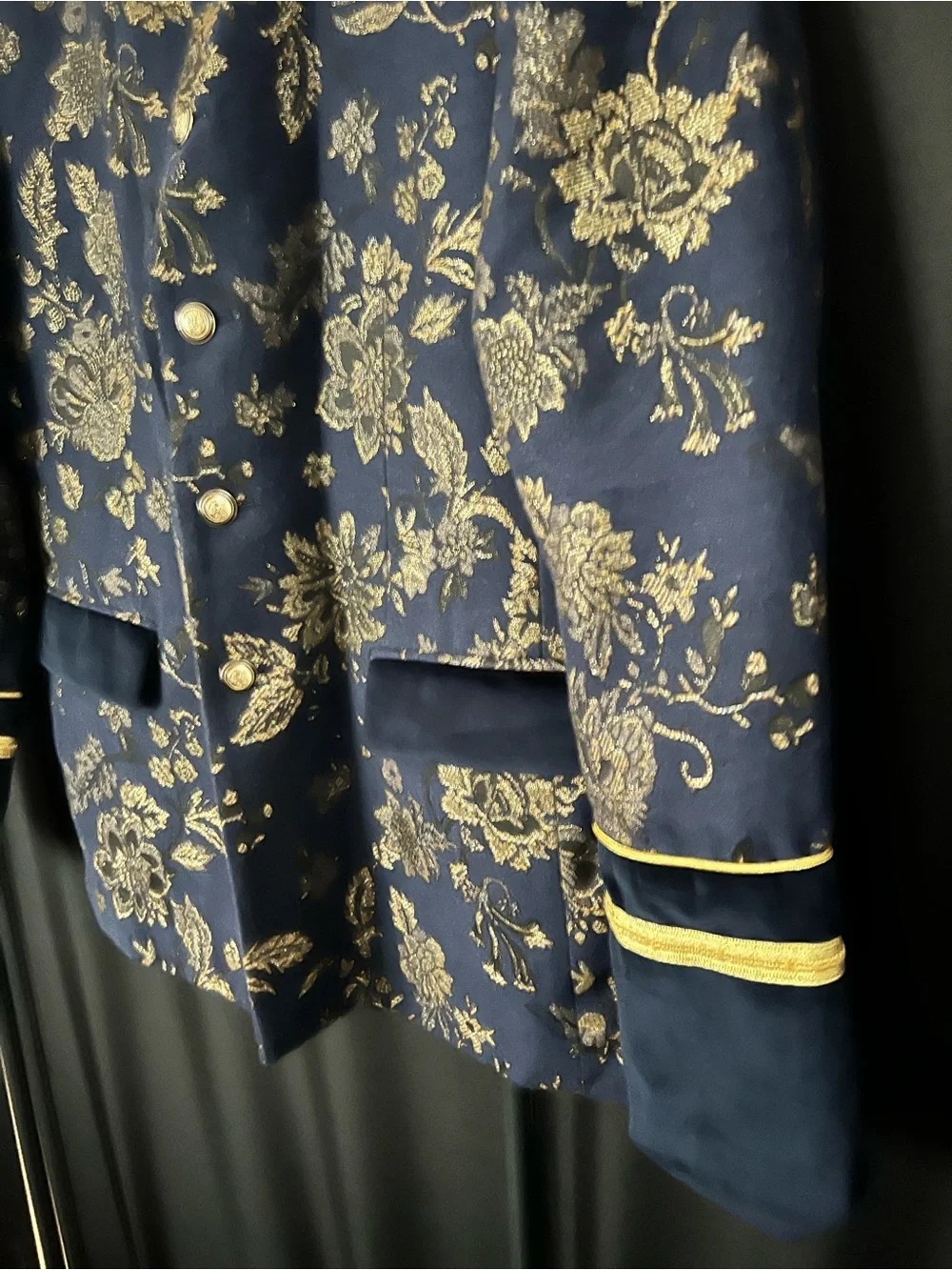Zara Navy Blue Blazer with Gold Floral Brocade
